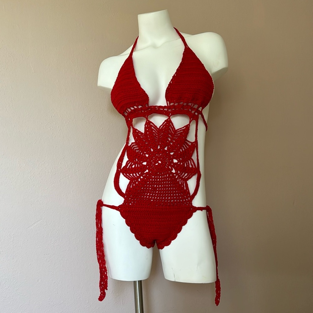 Hand crochet one piece bikini beachwear - Red